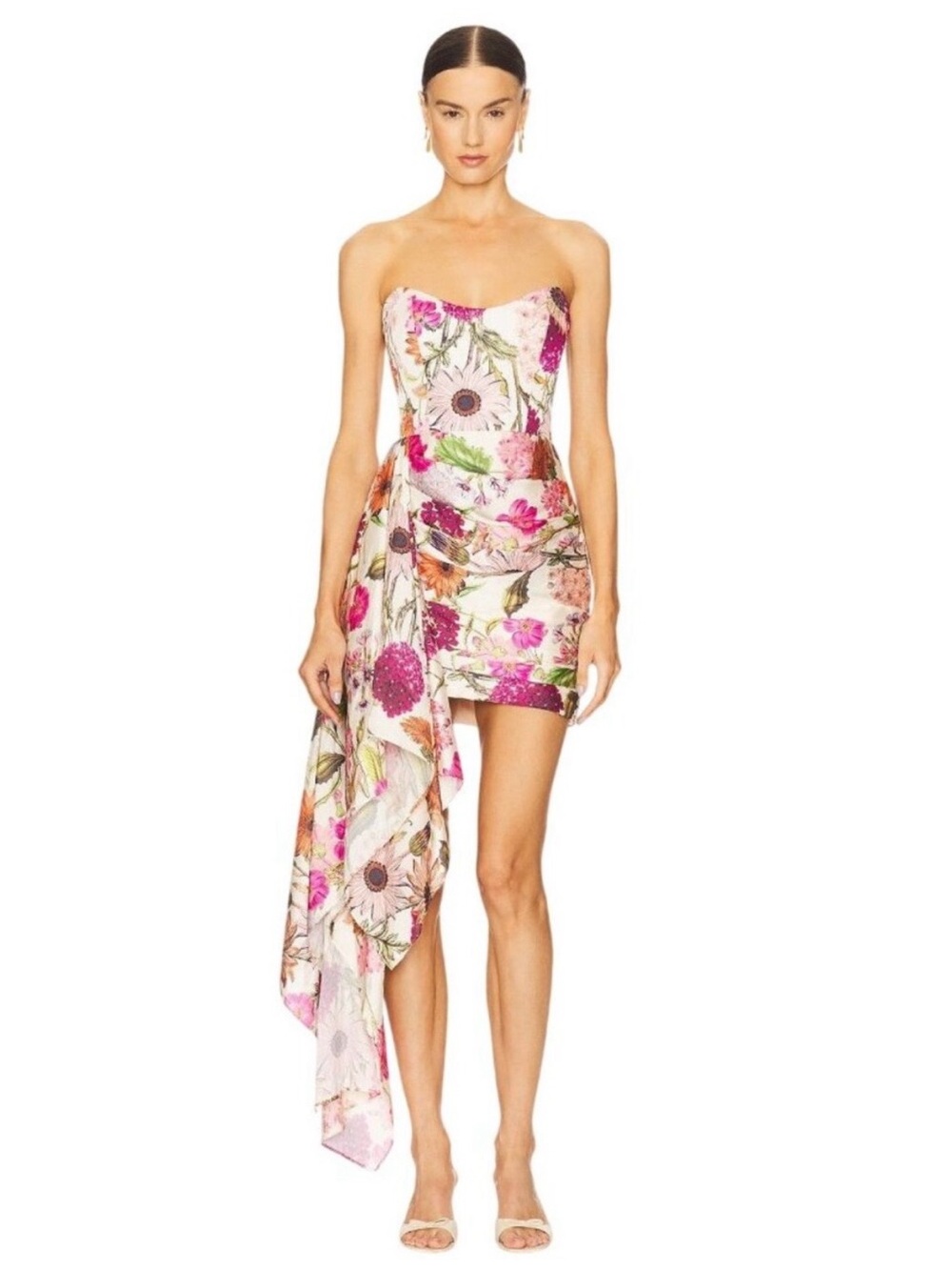 Katie May White Strapless Floral Midi Dress with Pink & Orange Blooms